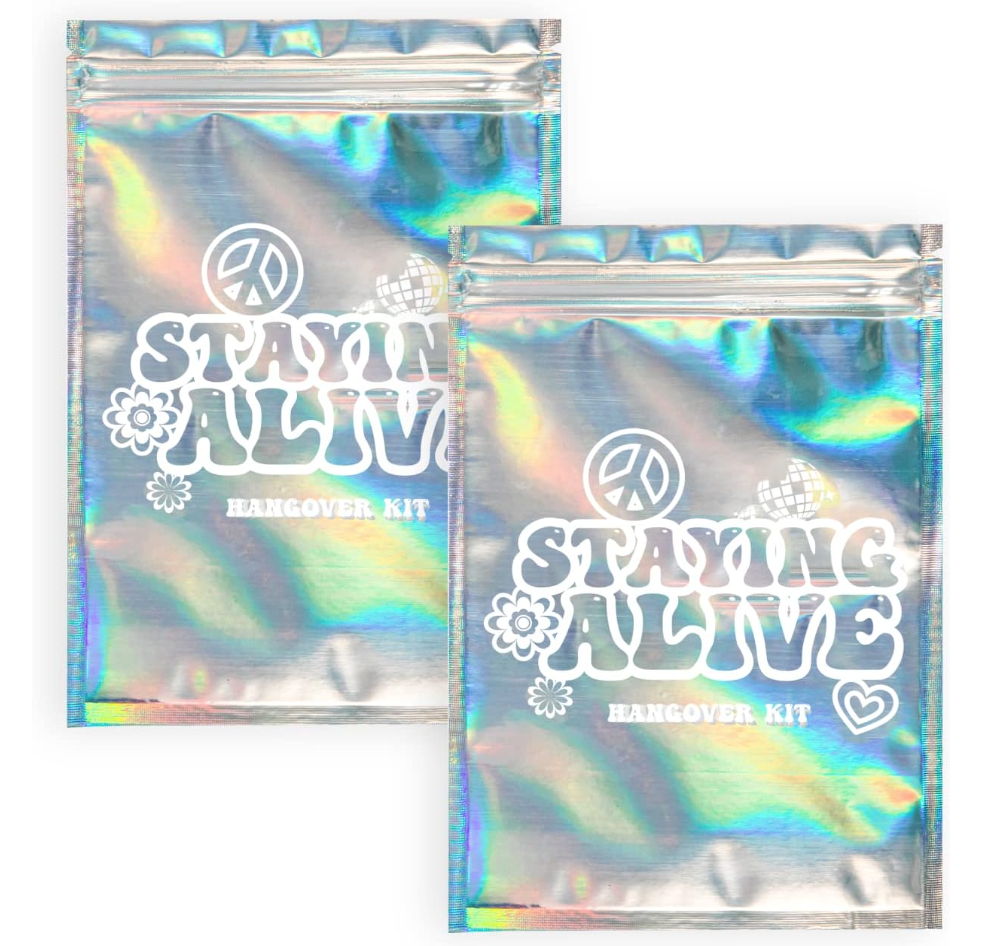 Clear Bags that say "stayin Alive"